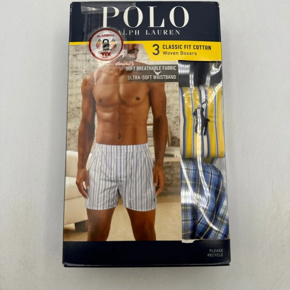 Polo Ralph Lauren Classic Fit Woven Boxers Mens Size M Blue Yellow NCWBP3 3-Pack